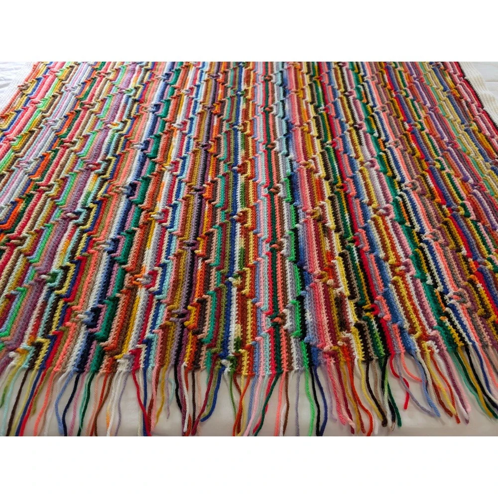 Vtg Handmade Crochet Afghan Optical Illusion Rainbow Multi Color Fringe Throw